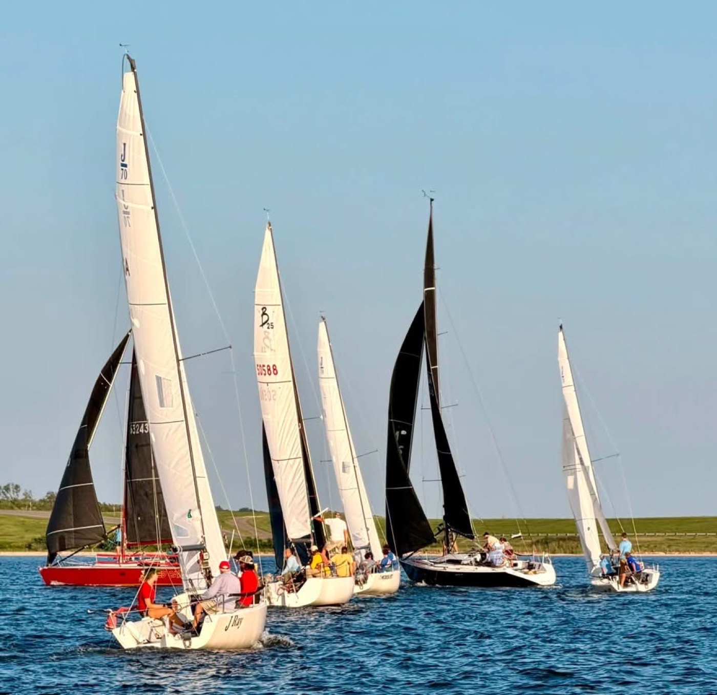 A club racing fleet crossing the starting line on a summer evening